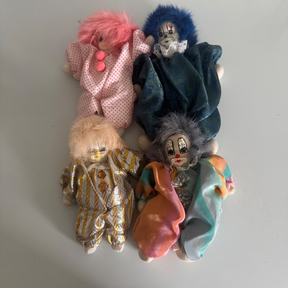 Vintage Clown Doll Lot of 4 Hand Painted Faces Fabric Colorful Circus Kitsch